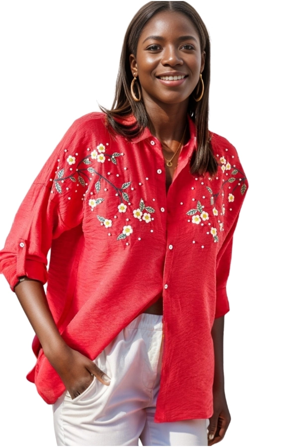 Nell Women's Daisy Embroidered Oversized Shirt - Red