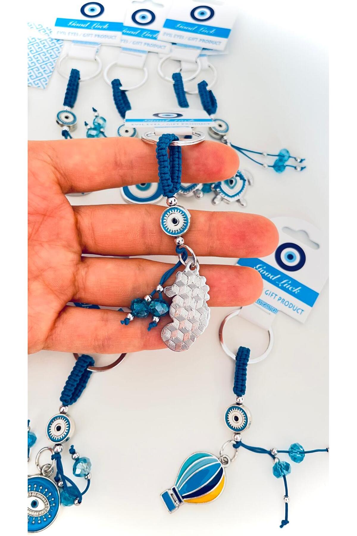Abigail Silver-Plated Evil Eye Keychain - Blue Seahorse Design