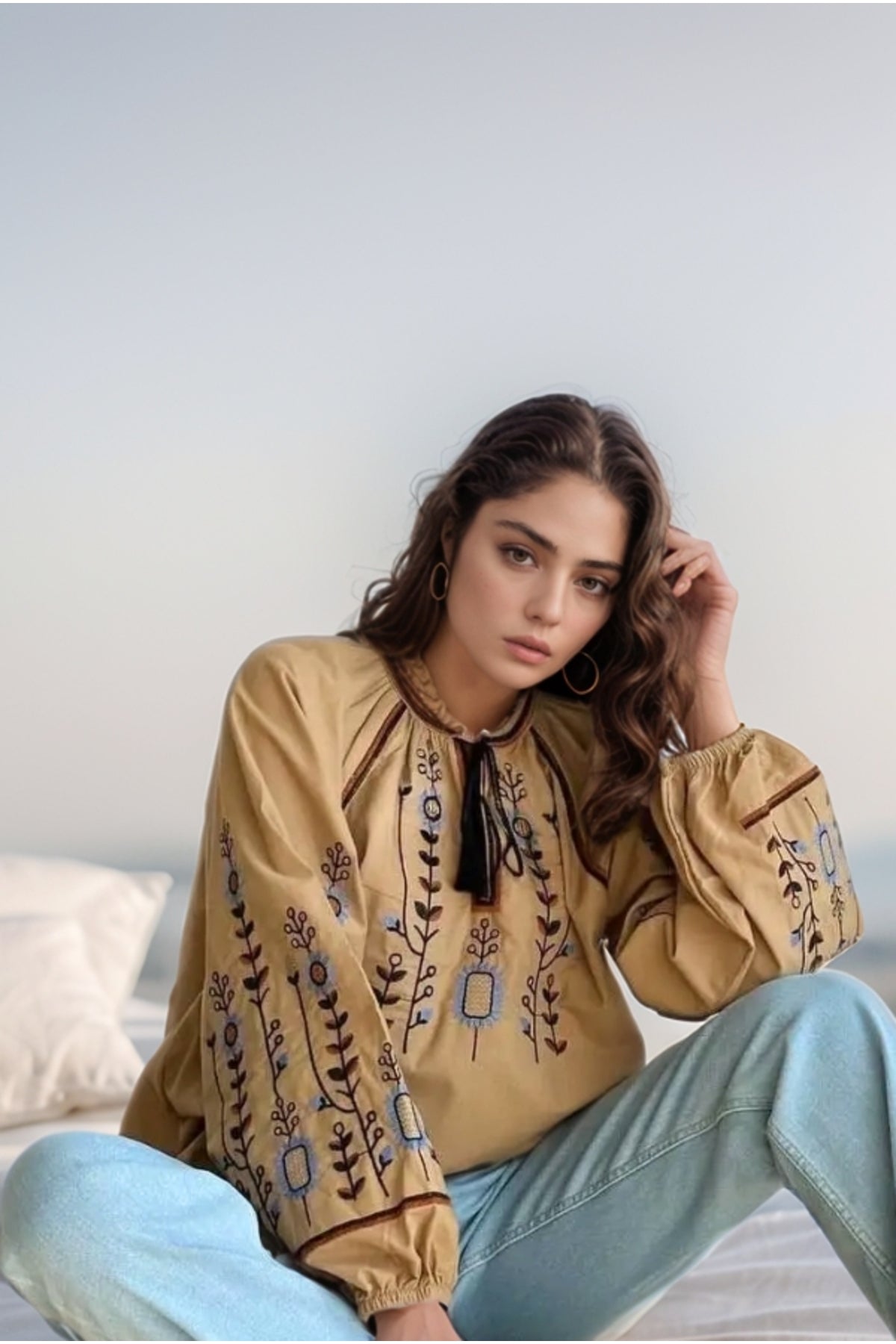 Frances Women's Cotton Embroidered Long Sleeve Blouse - Dark Beige