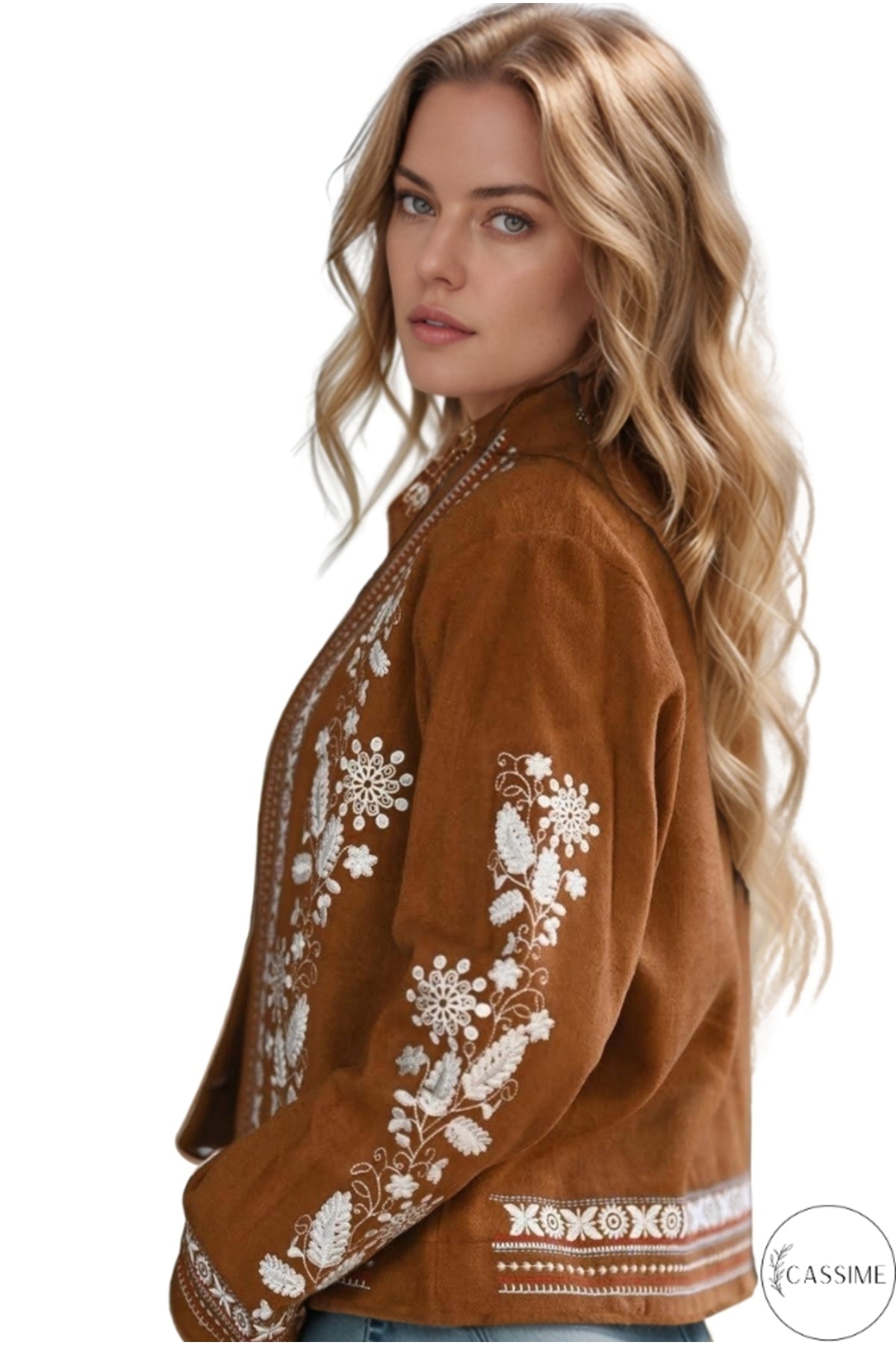 Caitlin Women's Floral Embroidered Boho Jacket - Camel