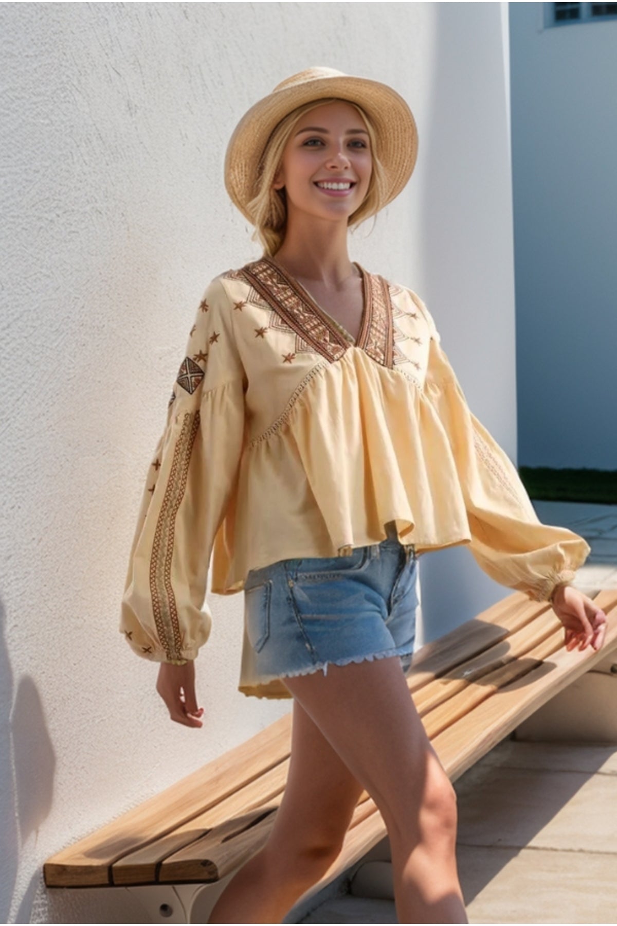 Pippa Women's Cotton Floral Embroidered Long Sleeve Blouse - Beige and Brown