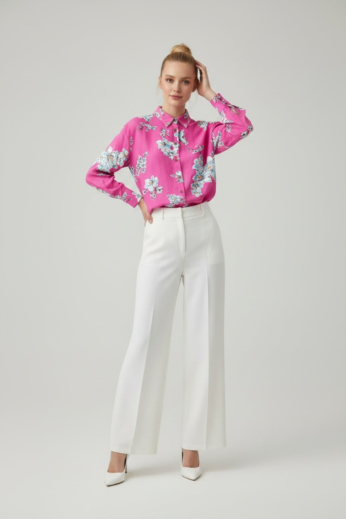 Emilia Women's Linen Blend Oversized Printed Shirt - Blue