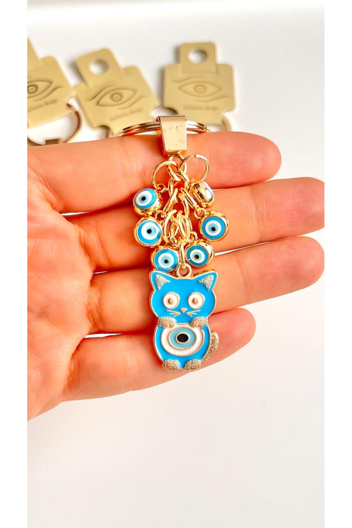 Madeleine Dangling Evil Eye Keychain - Blue Cat Design