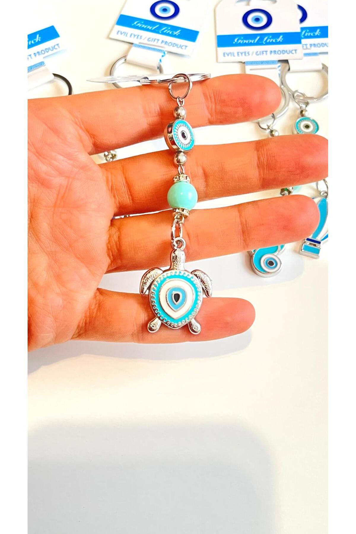 Abigail Silver-Plated Evil Eye Keychain - Turquoise Turtle Metal