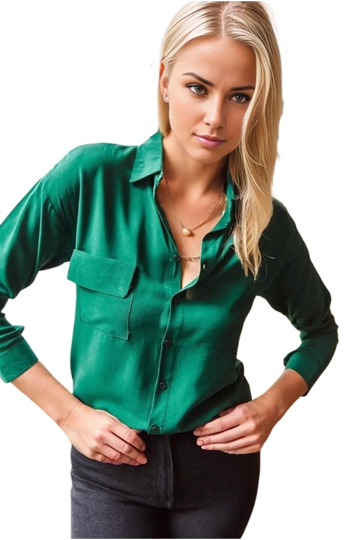 Iris Women's Viscose Relaxed Fit Pocket Shirt - Emerald and Green