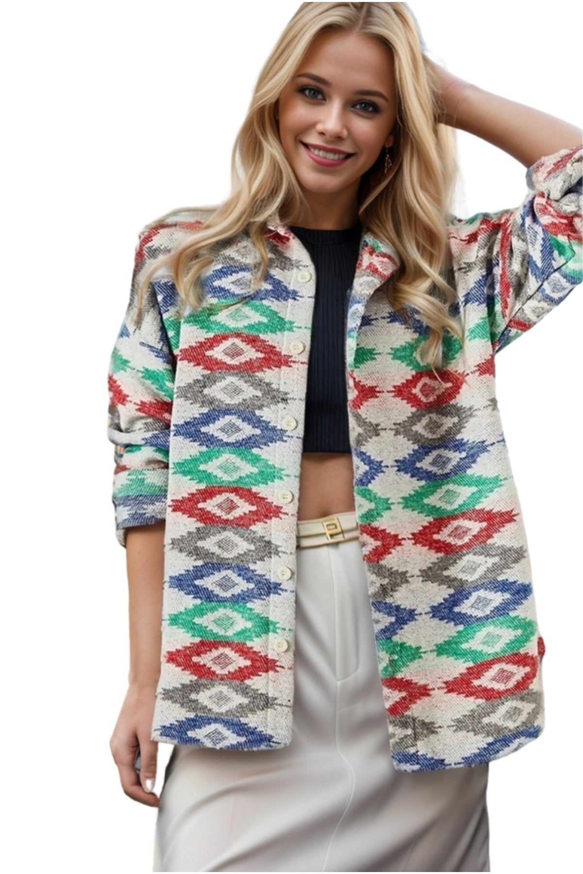 Ellen Women's Boho Print Button-Up Shacket - Blue and Green Red Print