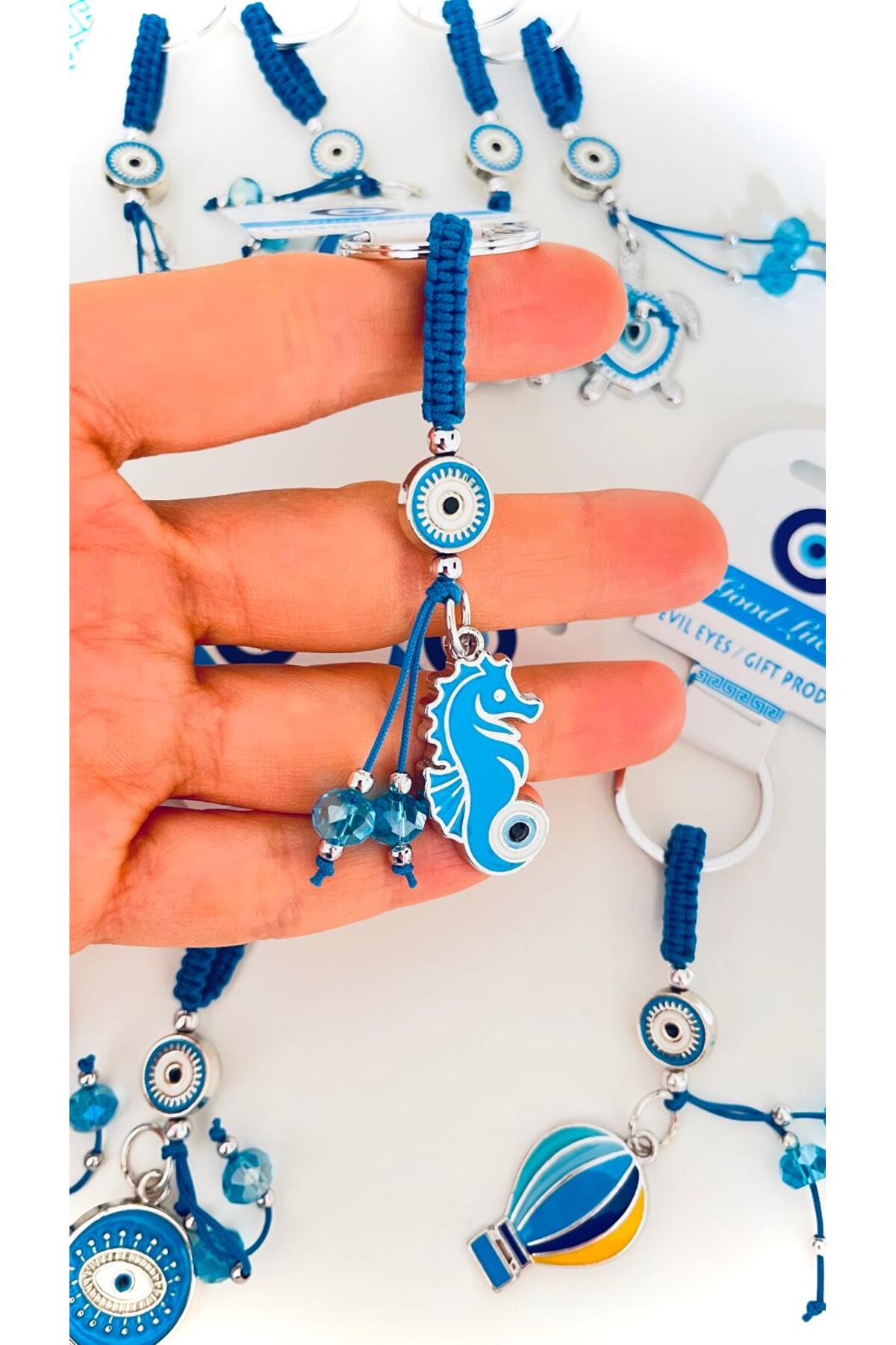 Abigail Silver-Plated Evil Eye Keychain - Blue Seahorse Design