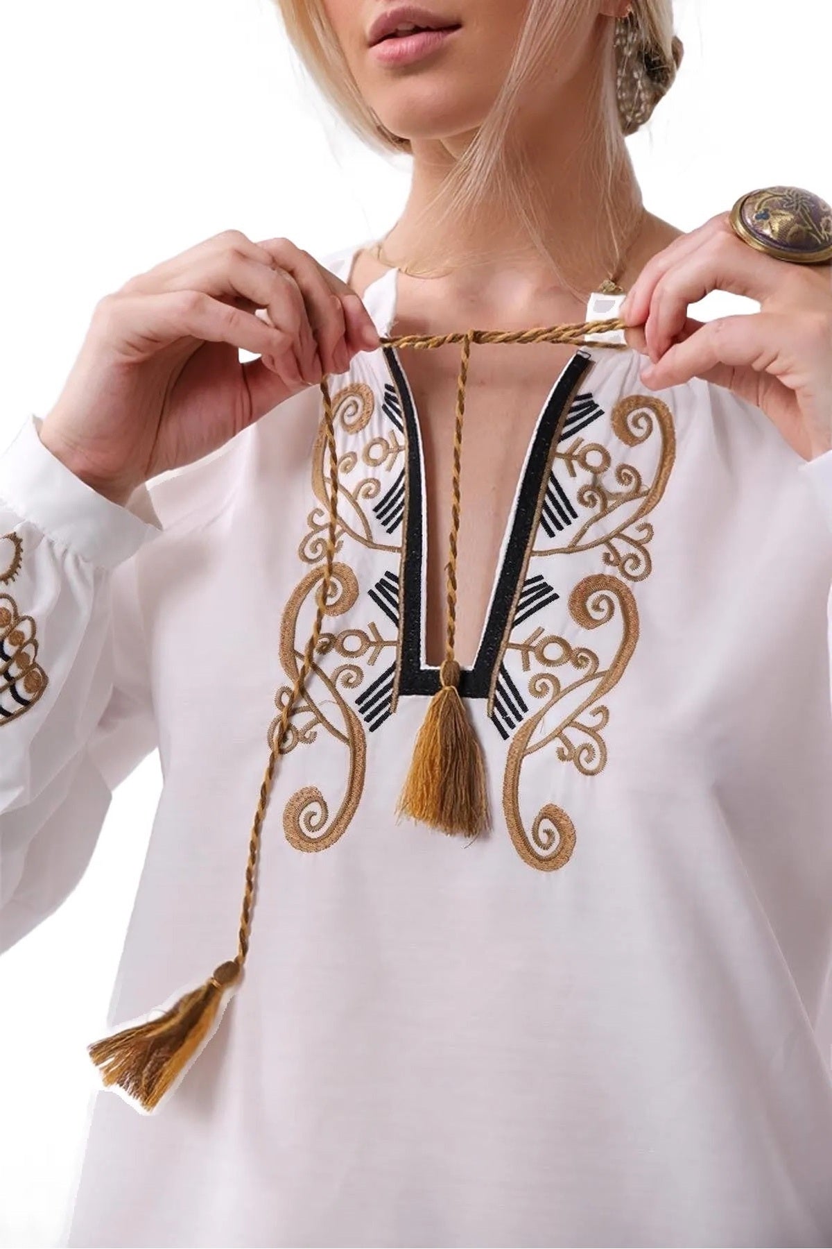 Nicole Women's Cotton Embroidered Long Sleeve Blouse - White with Gold Embroidery