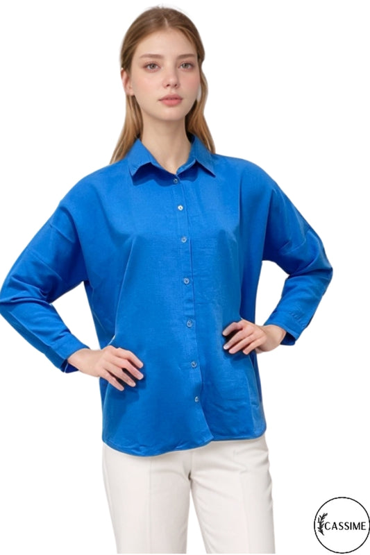 Harriet Women's Linen-Viscose Blend Oversized Long Sleeve Shirt - Blue
