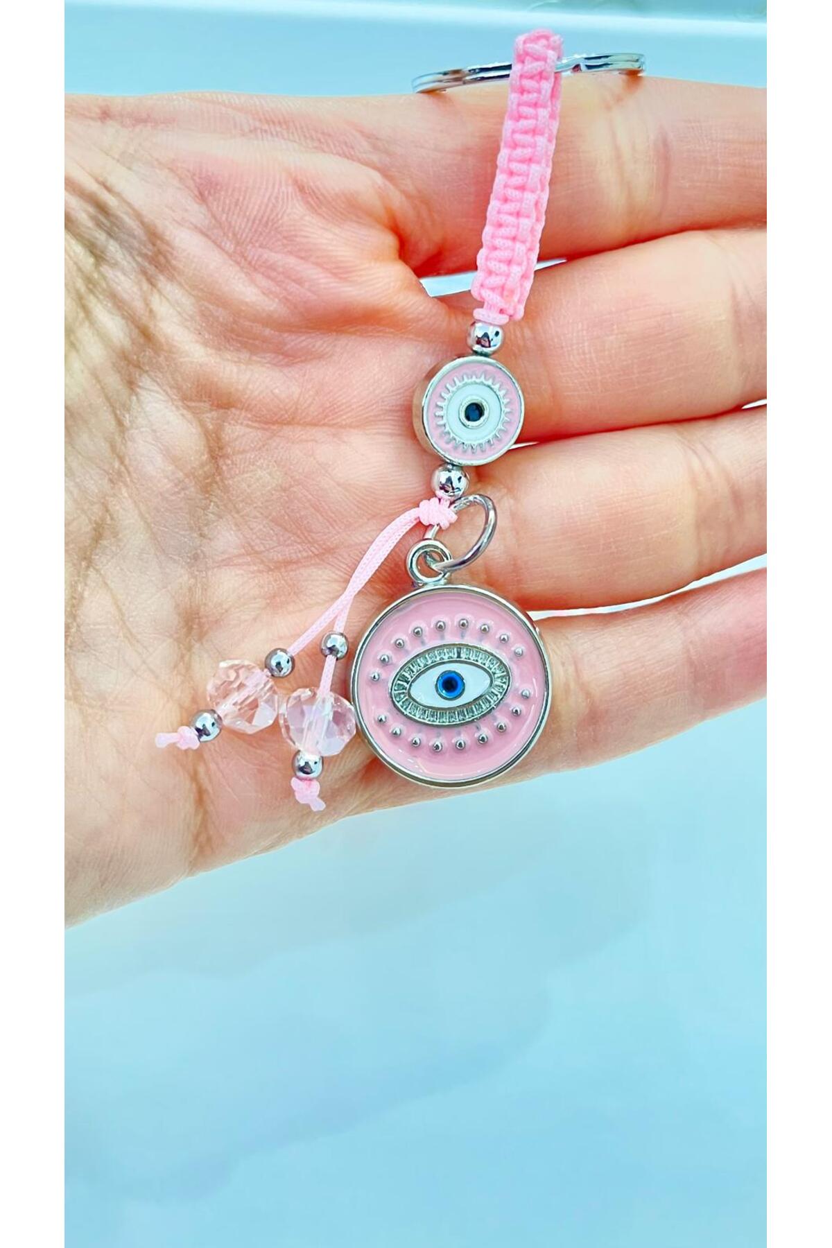 Abigail Silver-Plated Evil Eye Keychain - Pink Round Evil Eye