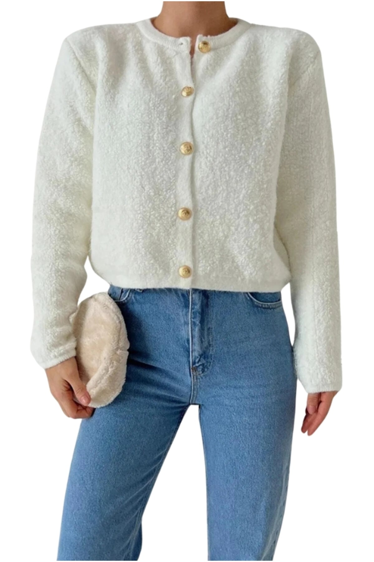 Kayla Women's Gold-Tone Button Teddy Cardigan - Ecru