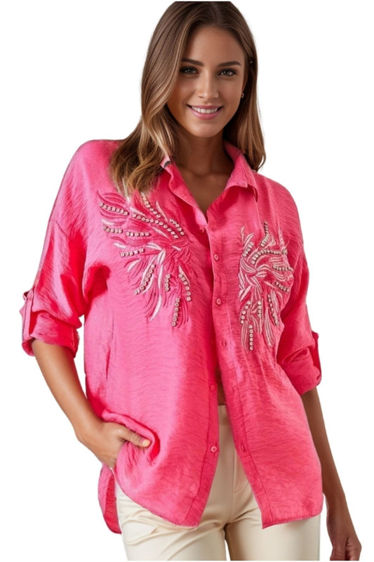 Natasha Women's Embroidered Oversized Shirt - Fuchsia