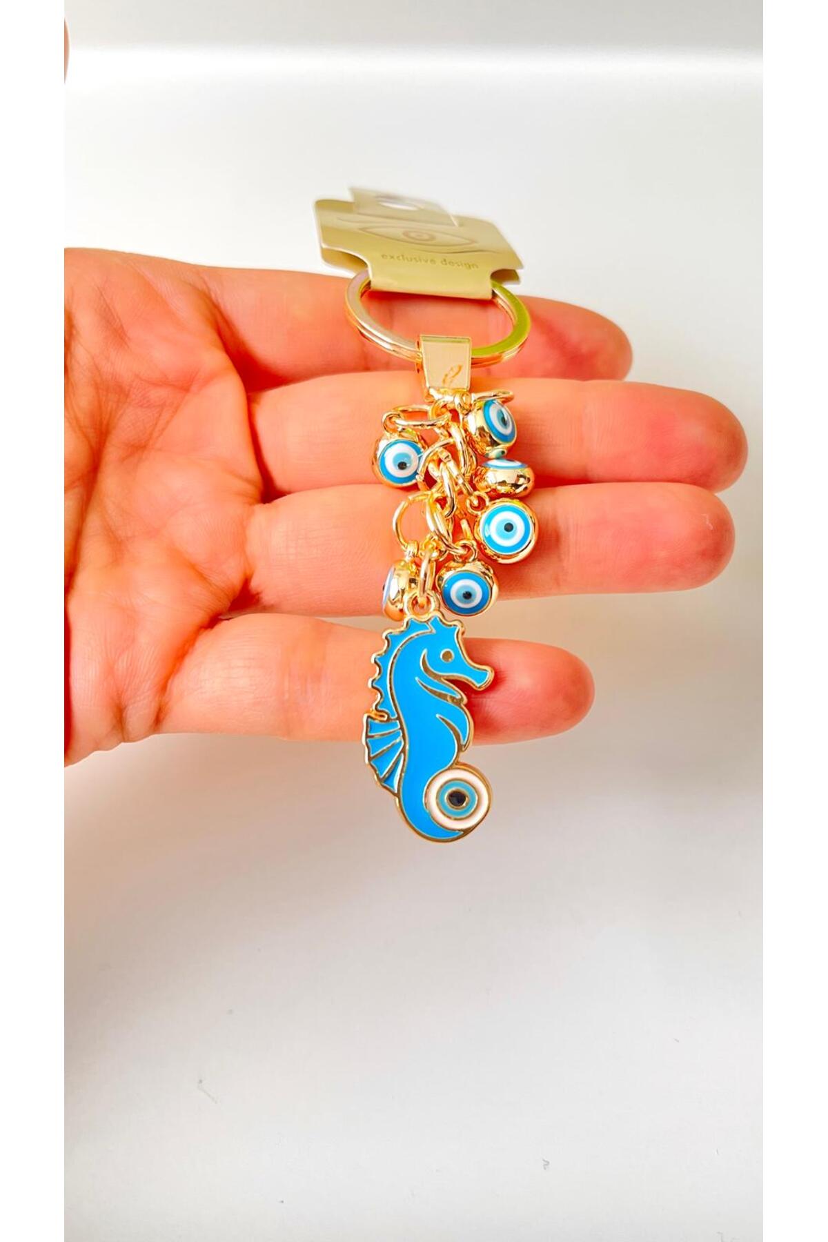 Madeleine Dangling Evil Eye Keychain - Blue Seahorse