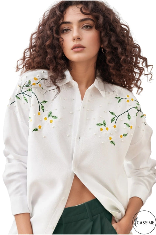 Lydia Women's Wool Daisy Embroidered Shacket - White