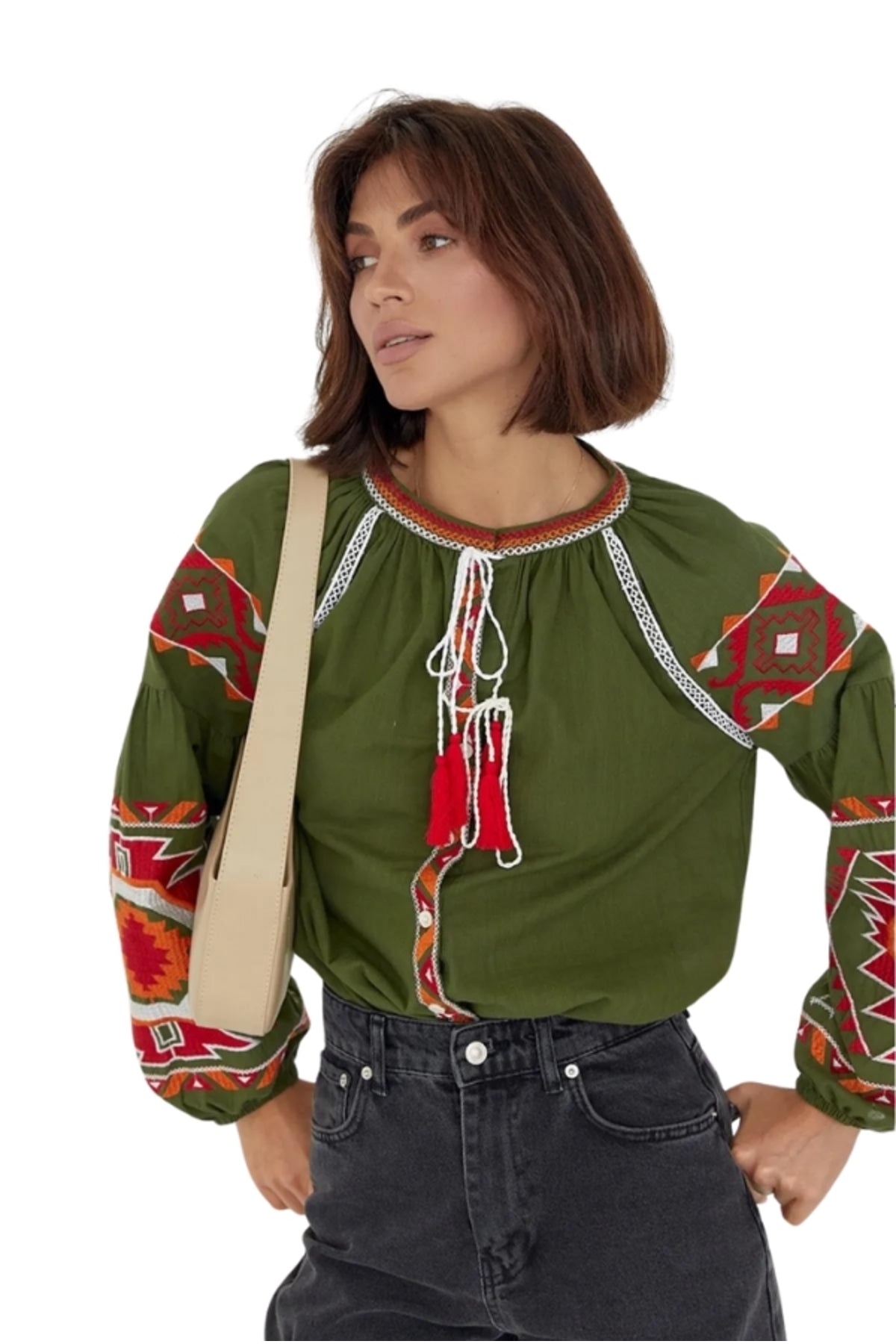 Penelope Women's Cotton Vintage Inspired Embroidered Blouse - Green