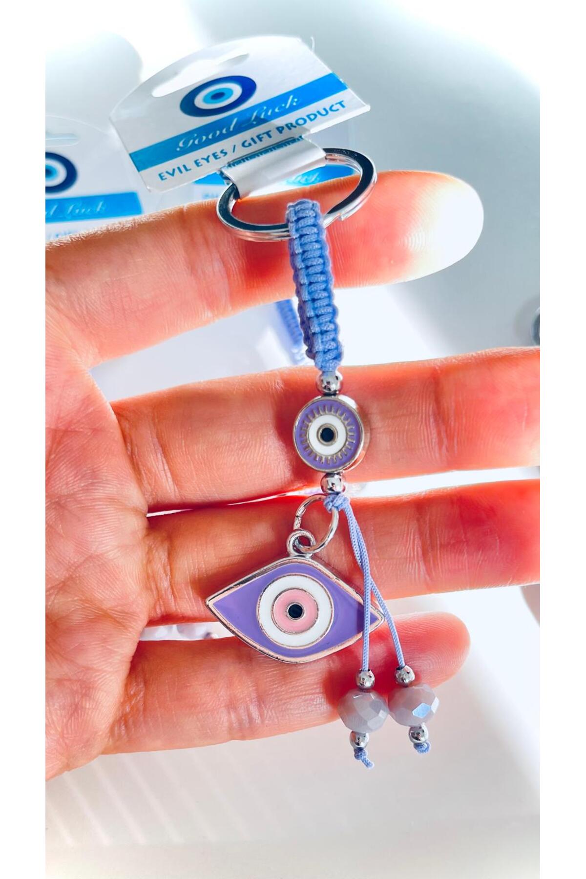 Abigail Silver-Plated Evil Eye Keychain - Lilac Oval Evil Eye Design