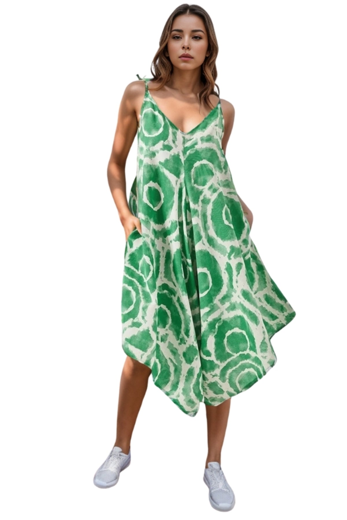 Eliza Women's Linen-Viscose Blend Relaxed Spaghetti Strap Jumpsuit - Green Geometric Print