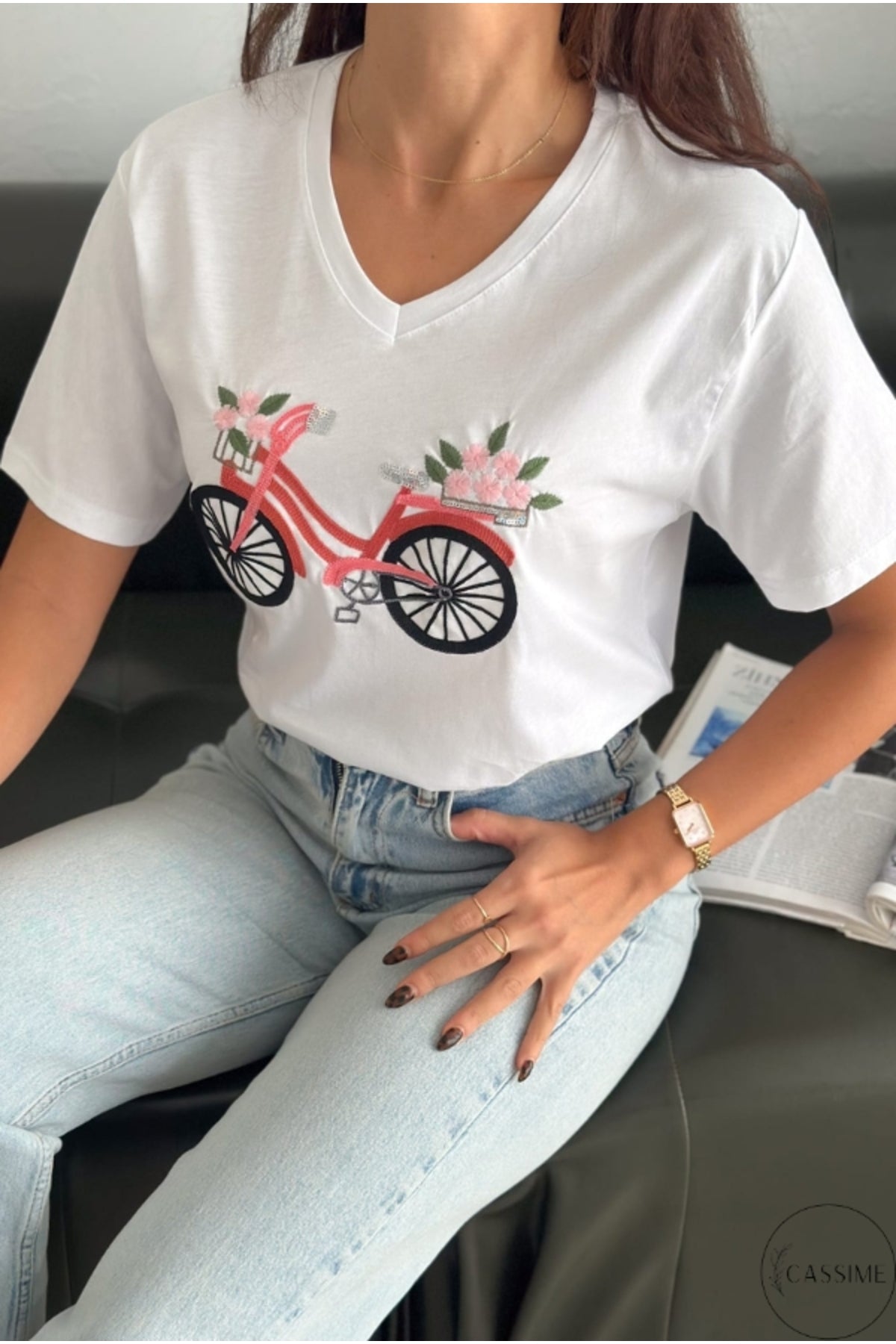 Nora Women's Cotton Plus Size Graphic T-Shirt - White Bicycle Print