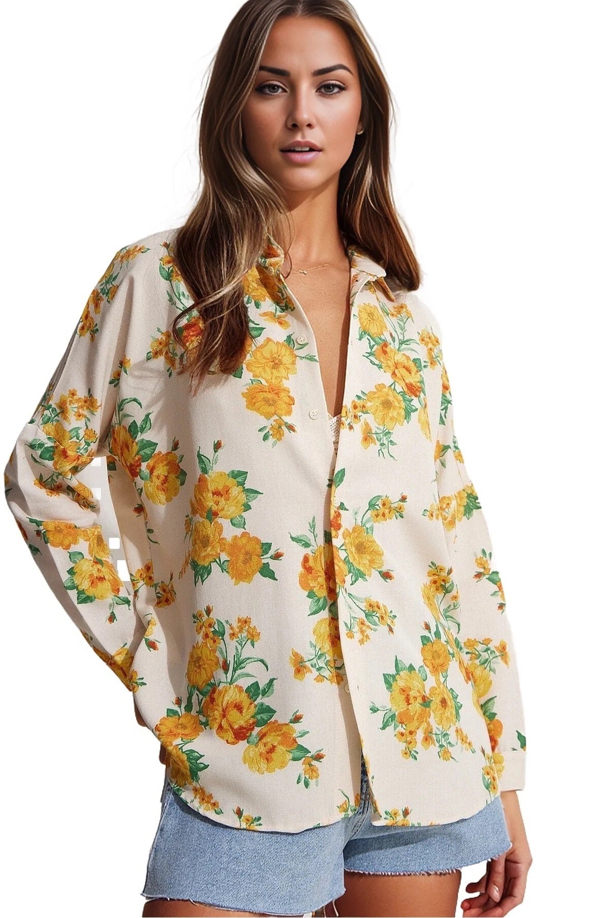 Emilia Women's Linen-Viscose Blend Oversized Printed Shirt - Bright Yellow Floral