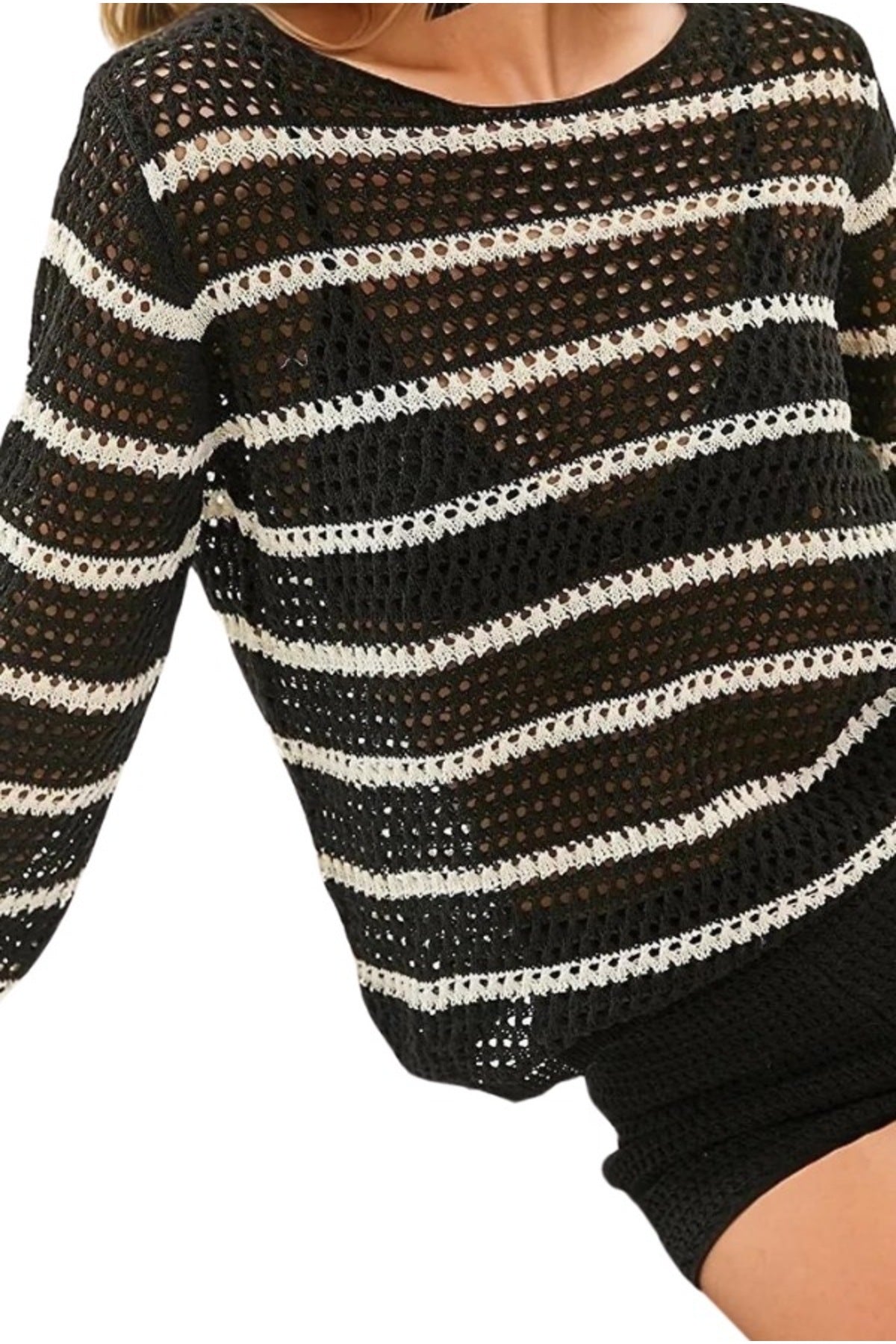 Alexandra Women's Striped Boat Neck Openwork Sweater - Black and White