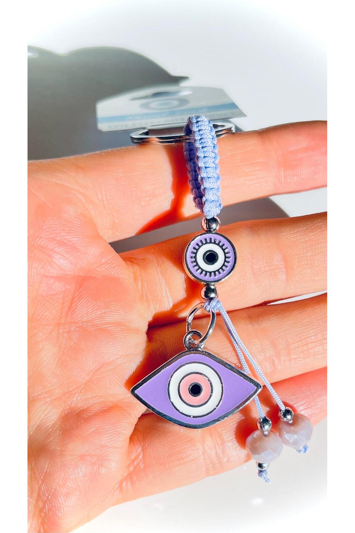 Abigail Silver-Plated Evil Eye Keychain - Lilac Oval Evil Eye Design