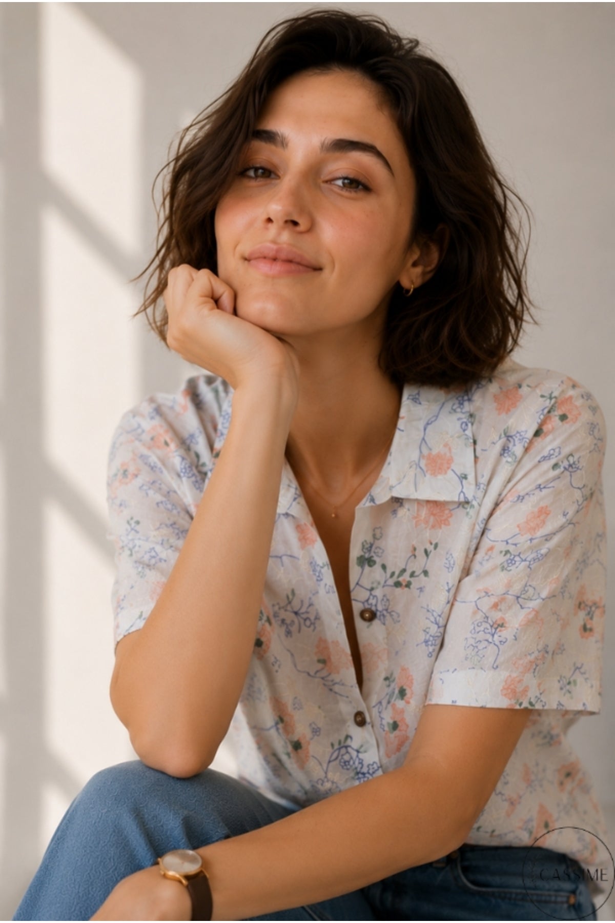 Alice Women's Cotton Floral Short Sleeve Shirt - Peach Floral Embroidery