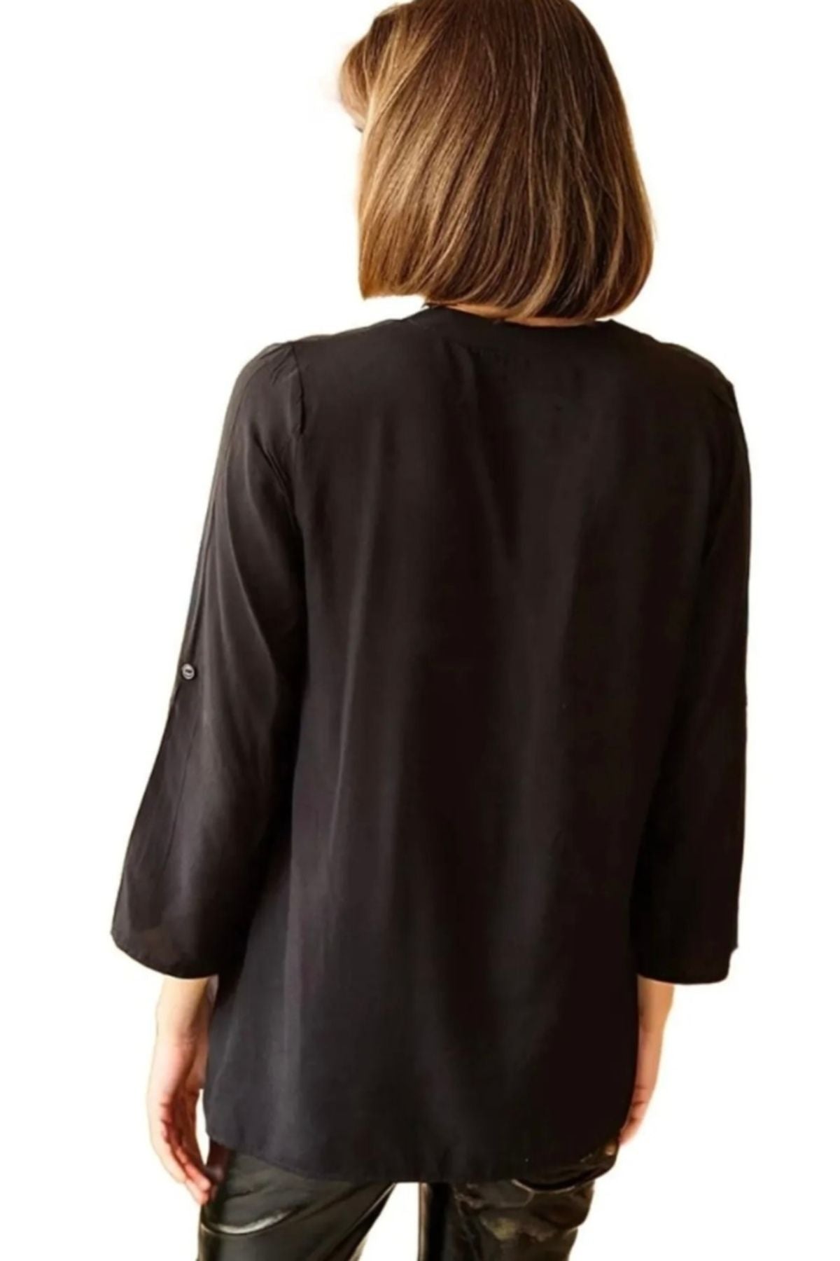 Cora Women's Viscose Mandarin Collar Roll-Sleeve Blouse - Black