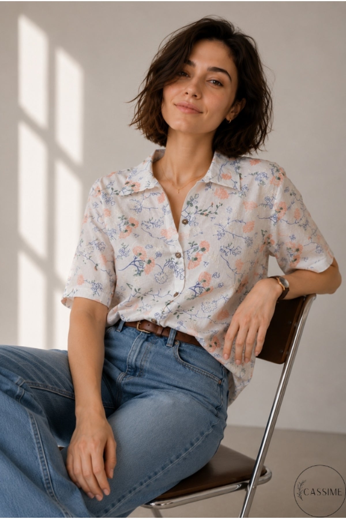 Alice Women's Cotton Floral Short Sleeve Shirt - Peach Floral Embroidery