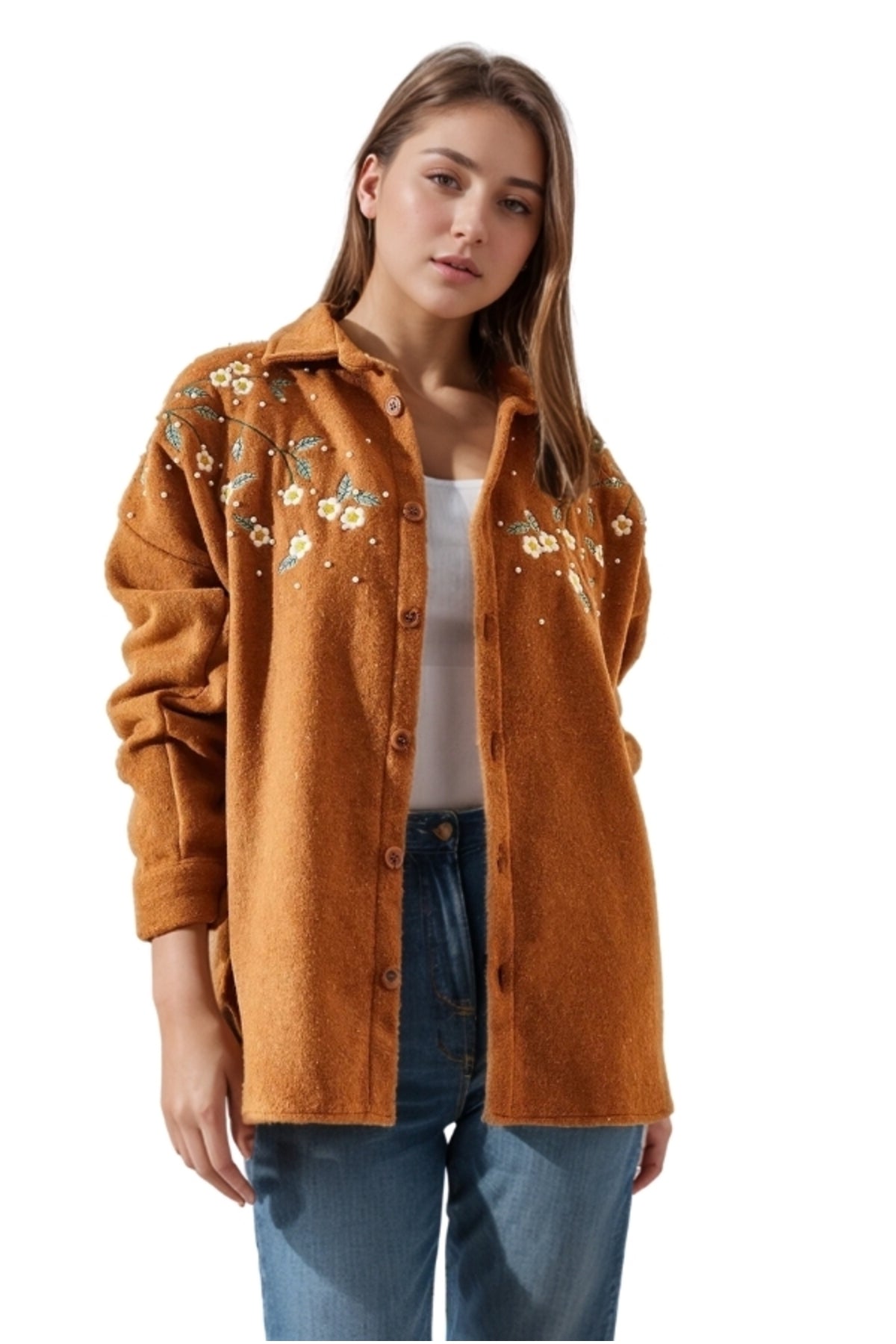 Lydia Women's Cotton Daisy Embroidered Shacket - Tan