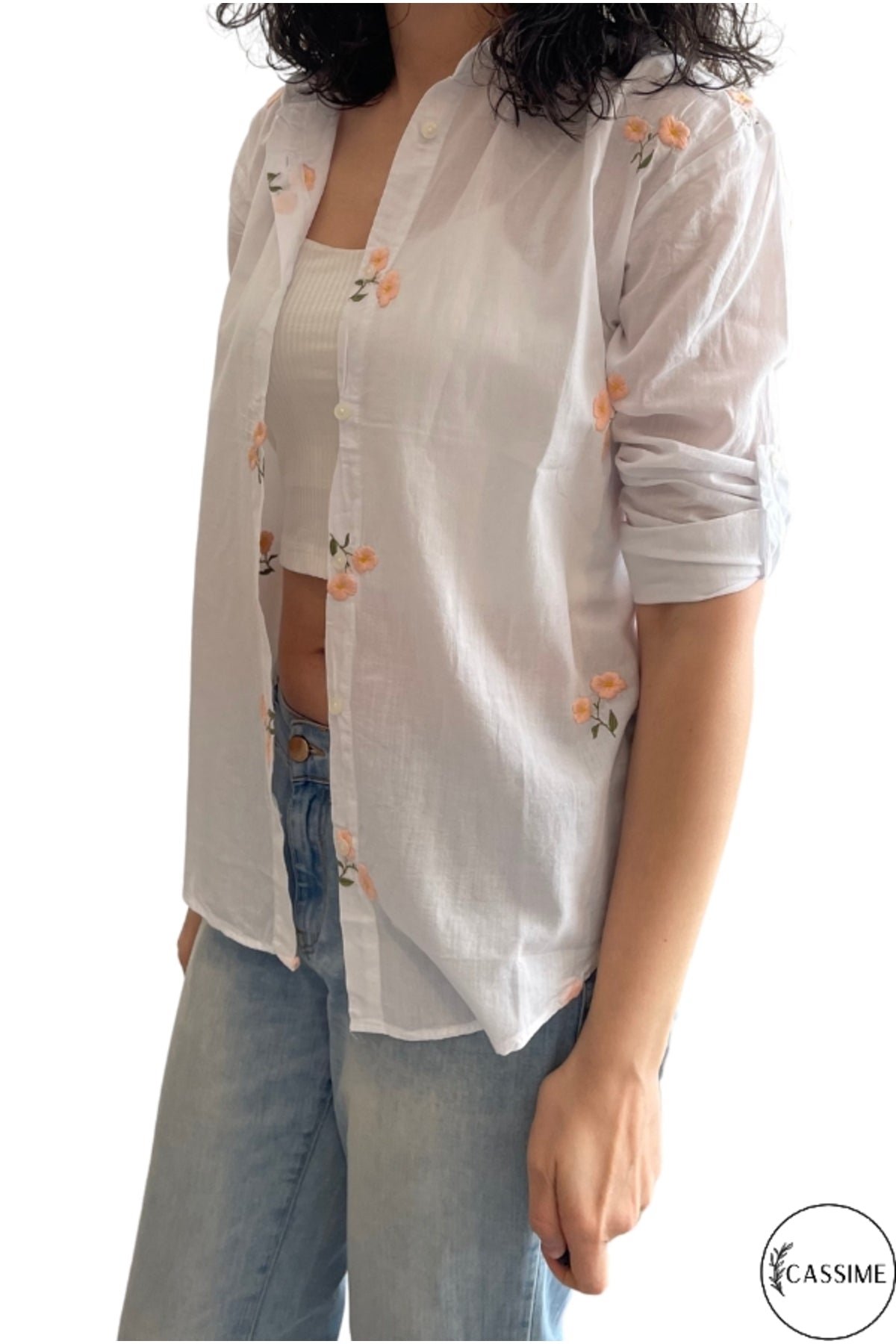 Ella Women's Cotton Embroidered Button-Up Shirt - White with Peach Flowers