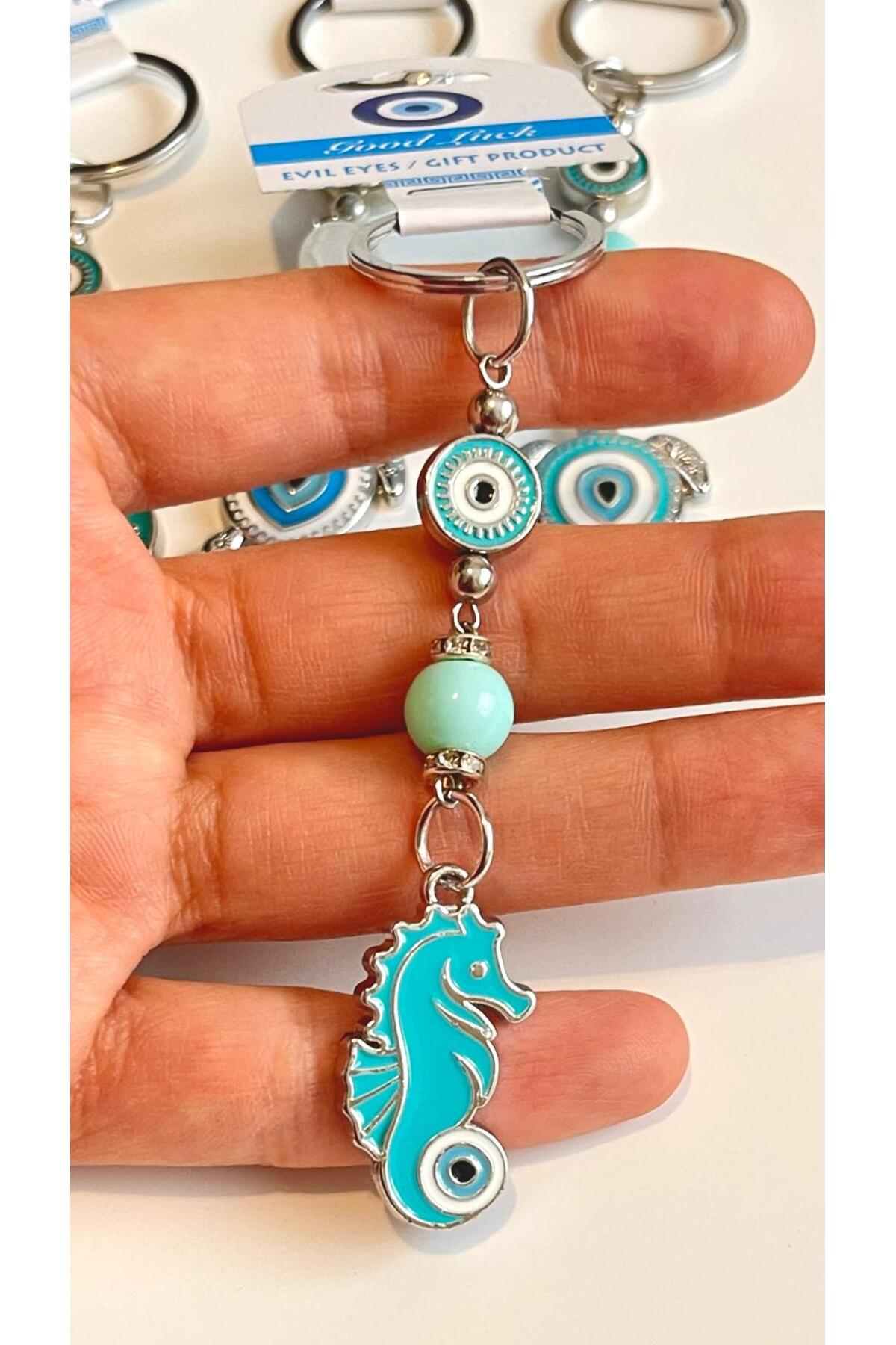 Abigail Silver-Plated Evil Eye Keychain - Turquoise Seahorse Design