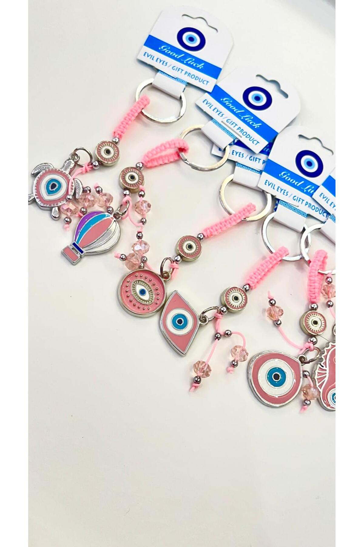 Abigail Silver-Plated Evil Eye Keychain - Pink Turtle Design