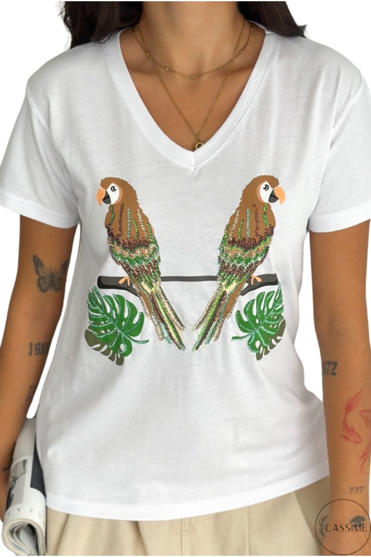 Olivia Women's Cotton Plus Size Embellished V-Neck T-Shirt - White with Parrot and Leaf Sequins