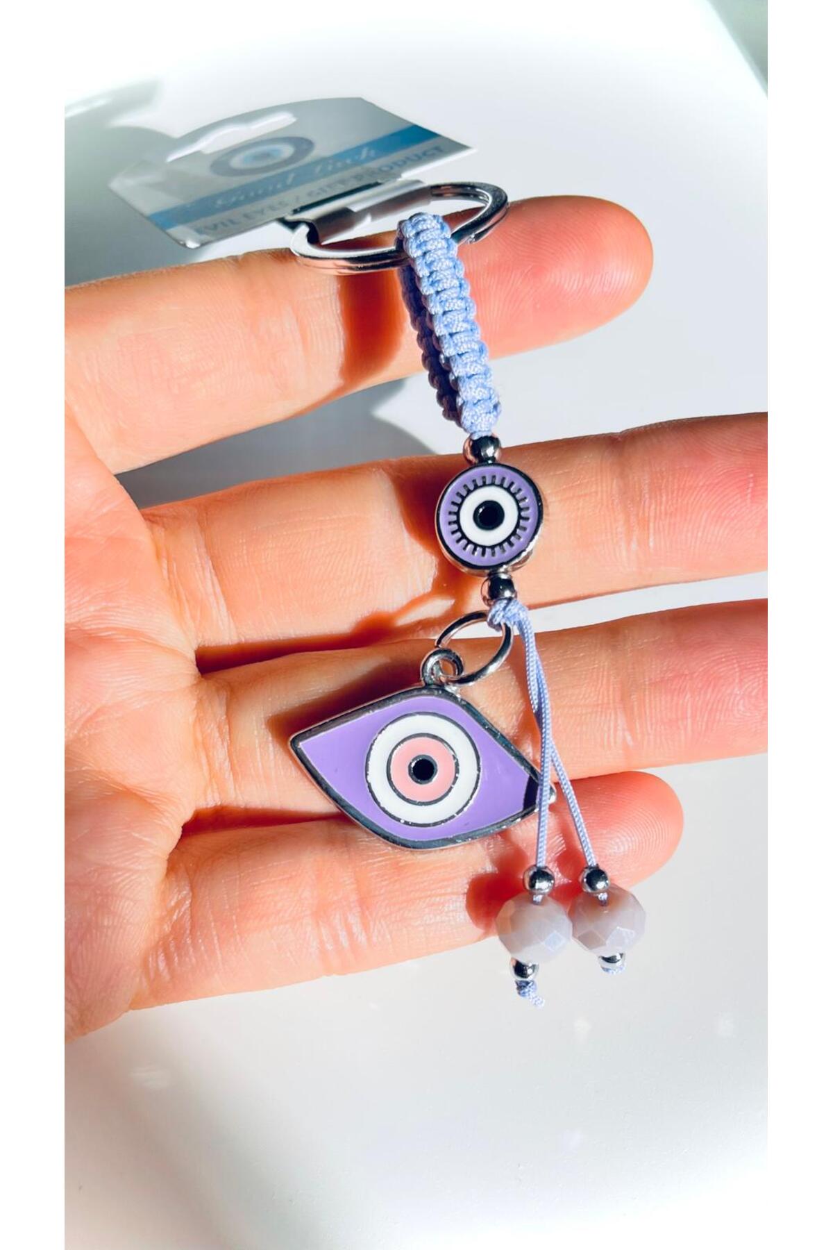 Abigail Silver-Plated Evil Eye Keychain - Lilac Oval Evil Eye Design