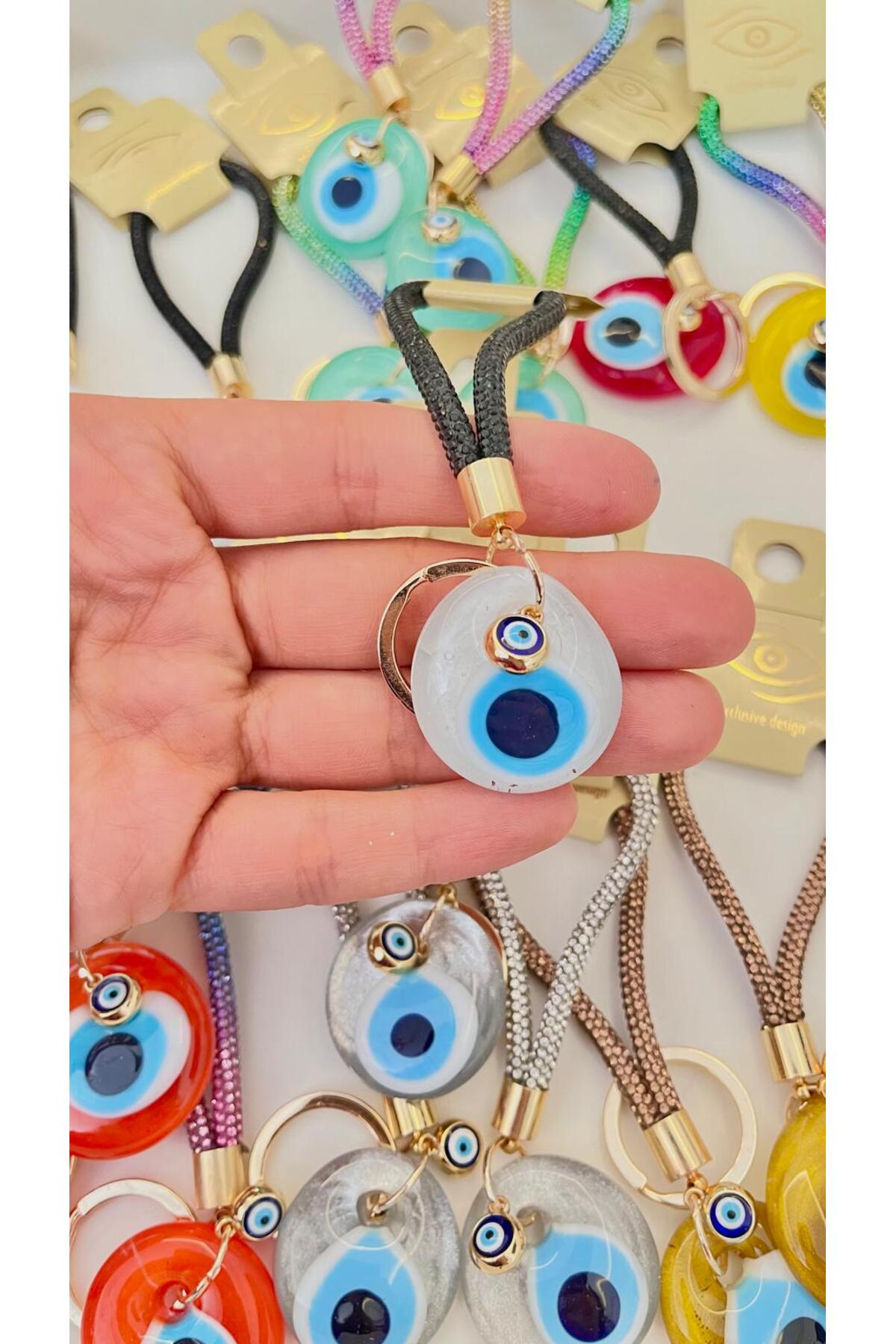 Meredith Glass Evil Eye Cord Charm - White Glass Black Cord