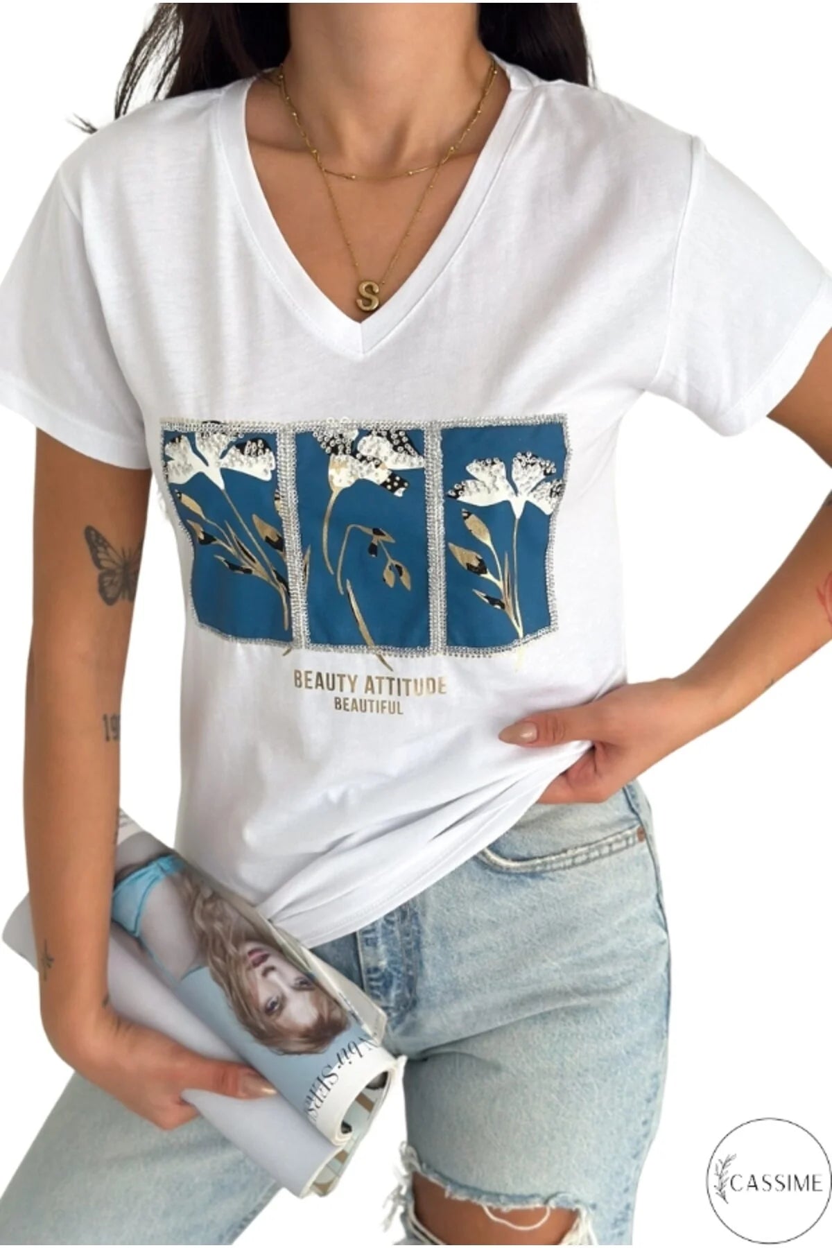 Tilda White Blue Floral Sequin Cotton T-Shirt