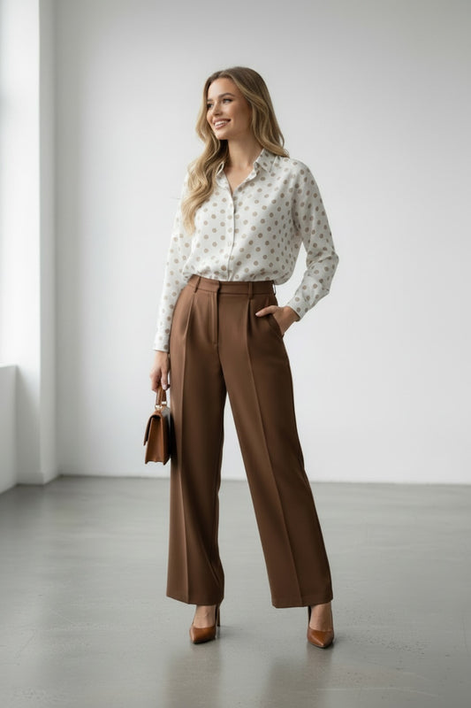 Amelia Women's Viscose Long Sleeve Button-Up Shirt - Cream with Light Brown Polka Dots