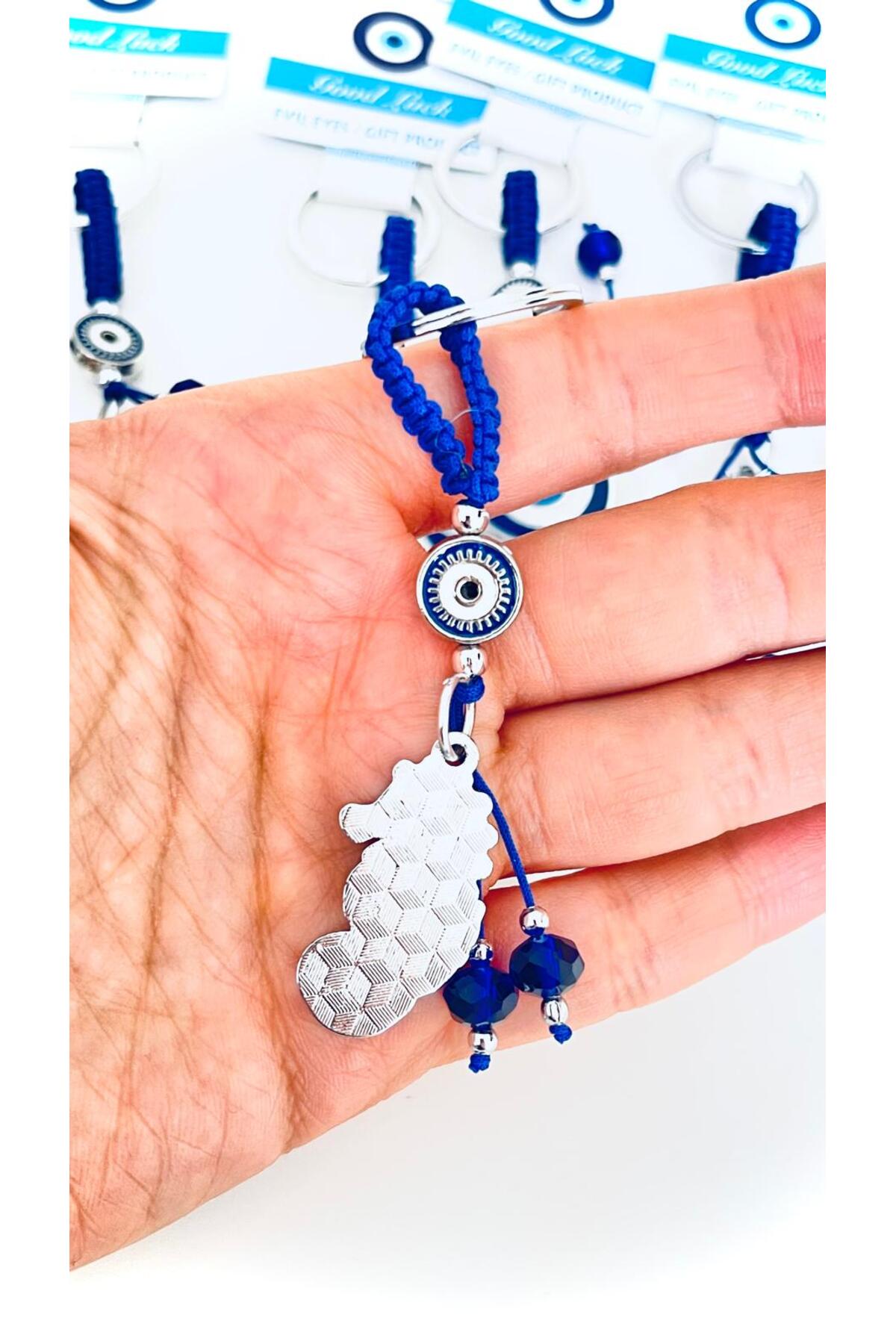Abigail Silver-Plated Evil Eye Keychain - Navy Seahorse