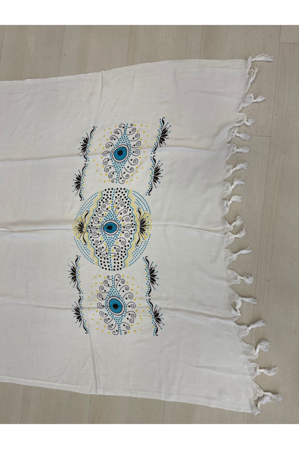 Mia Cotton Turkish Peshtemal Beach Towel - Blue and Turquoise Evil Eye Print