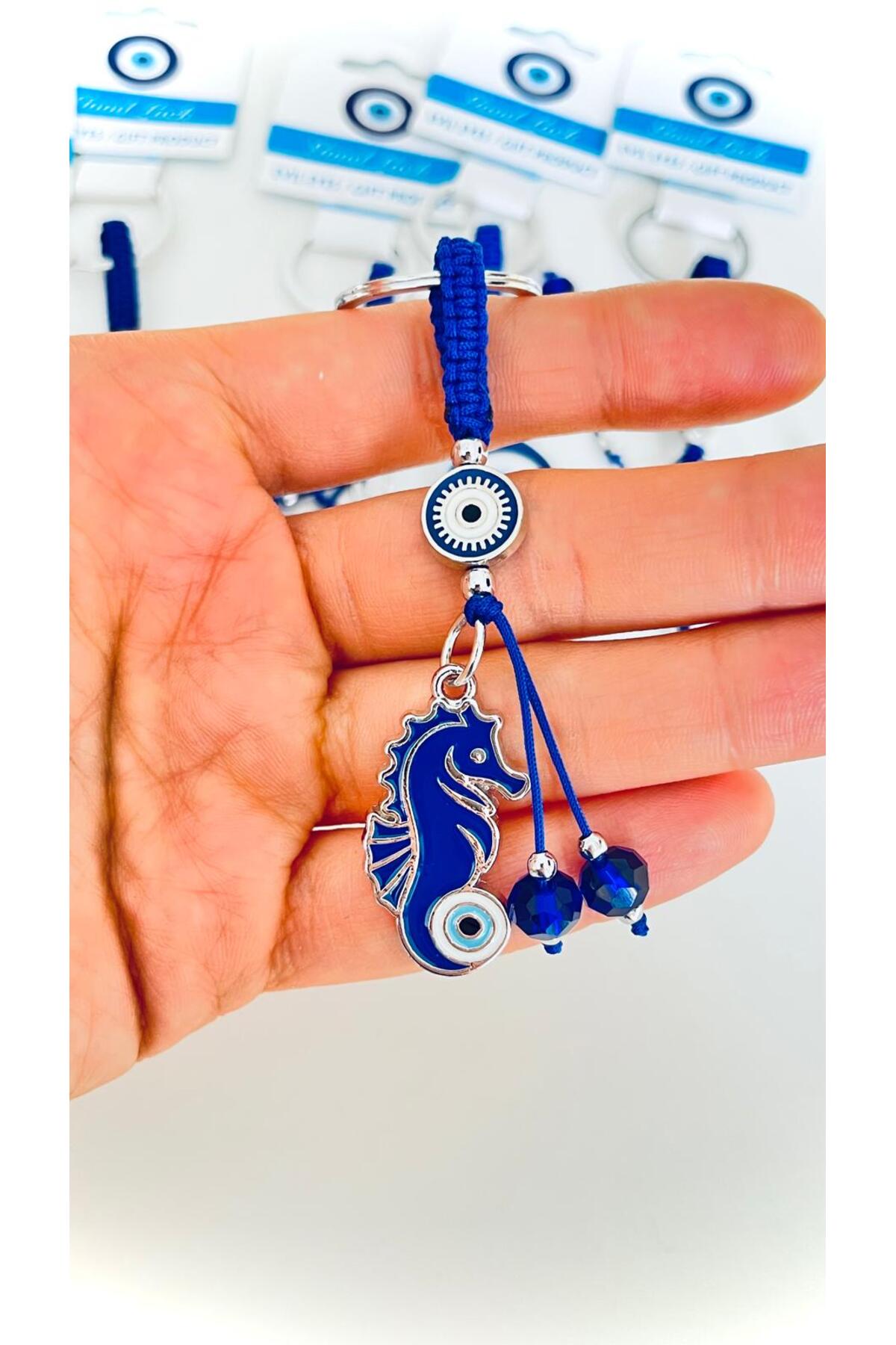 Abigail Silver-Plated Evil Eye Keychain - Navy Seahorse