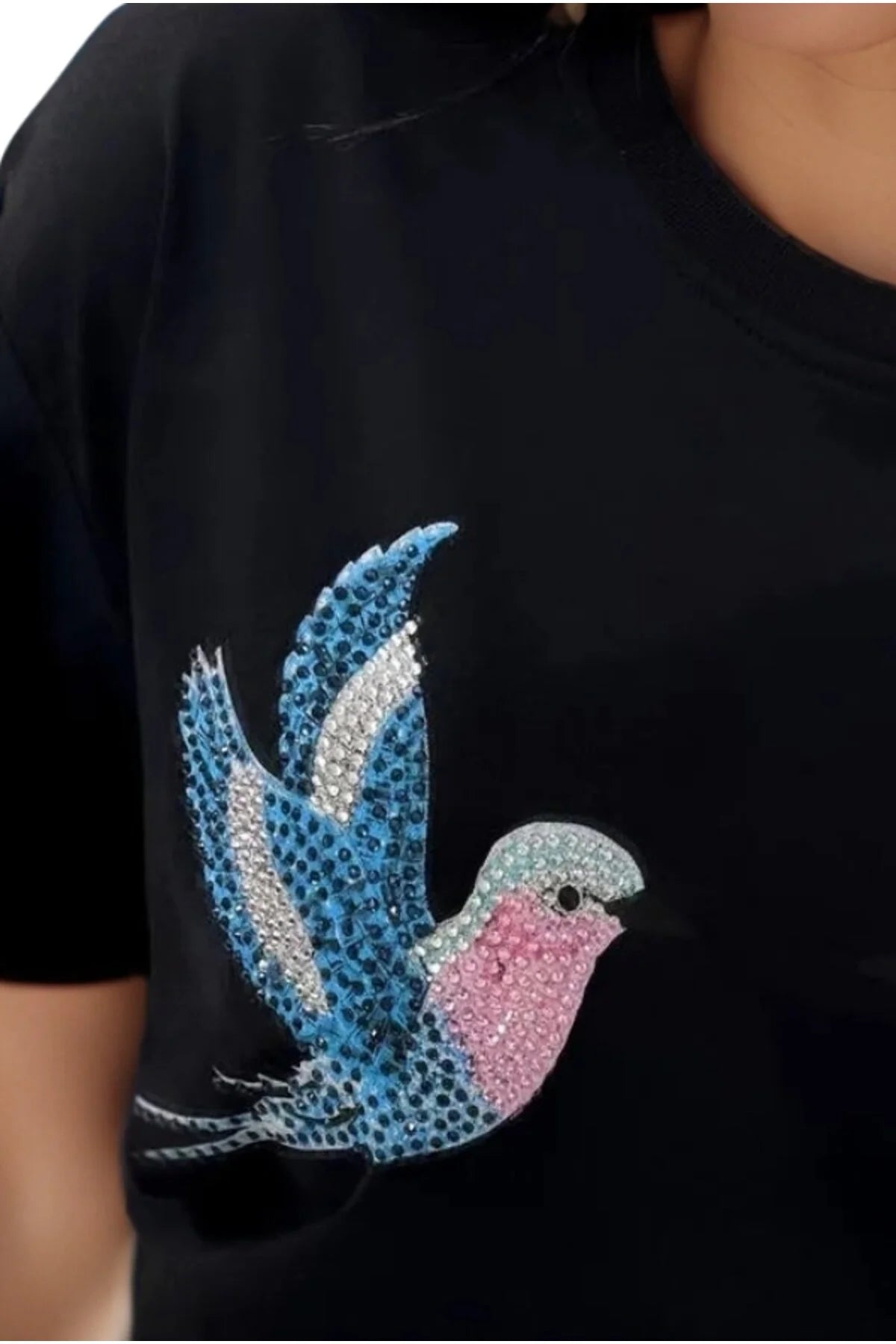 Tilly Black Bird Design Sequin Cotton T-Shirt