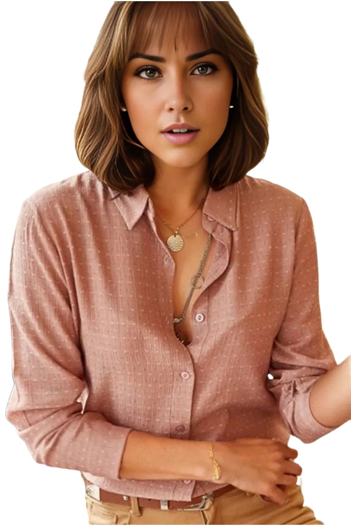 Hope Women's Viscose Textured Draped Button-Up Shirt - Pink