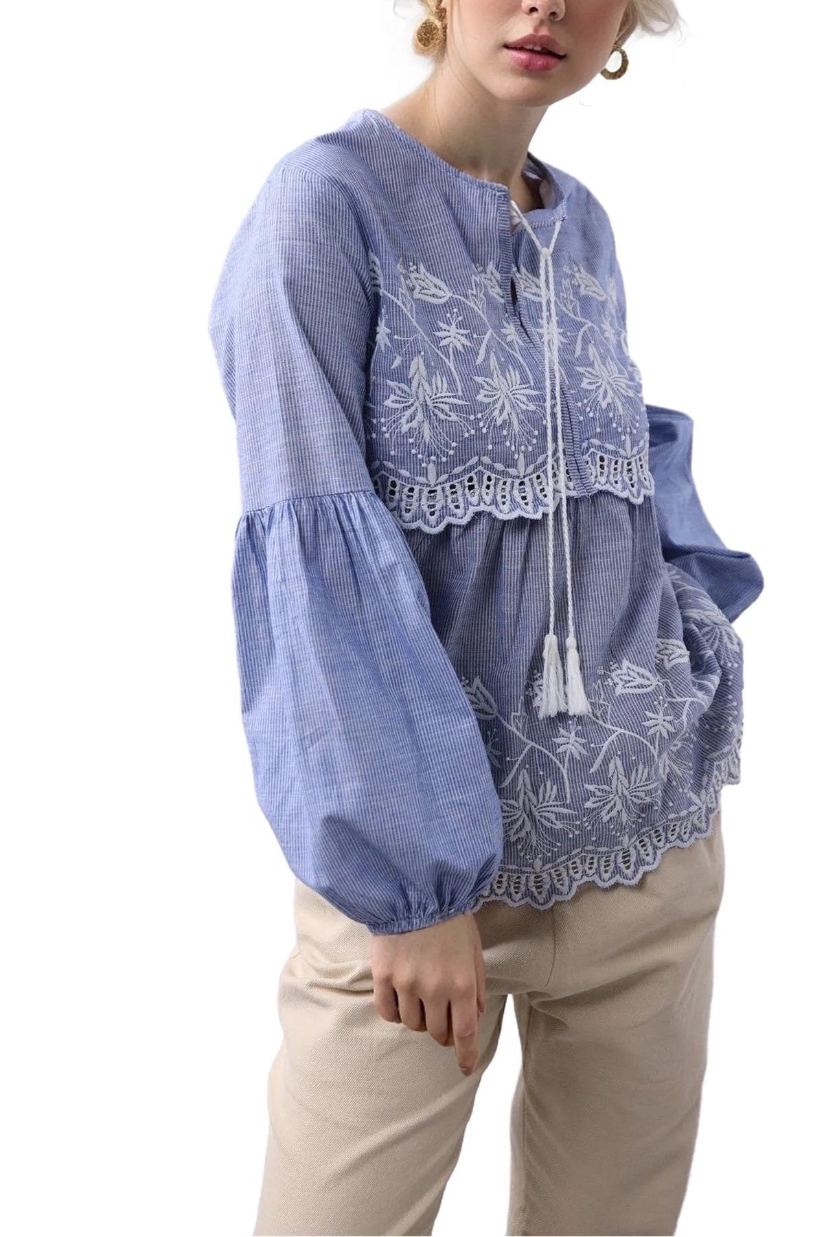 Deborah Women's Cotton Striped Embroidered Button-Up Blouse - Blue
