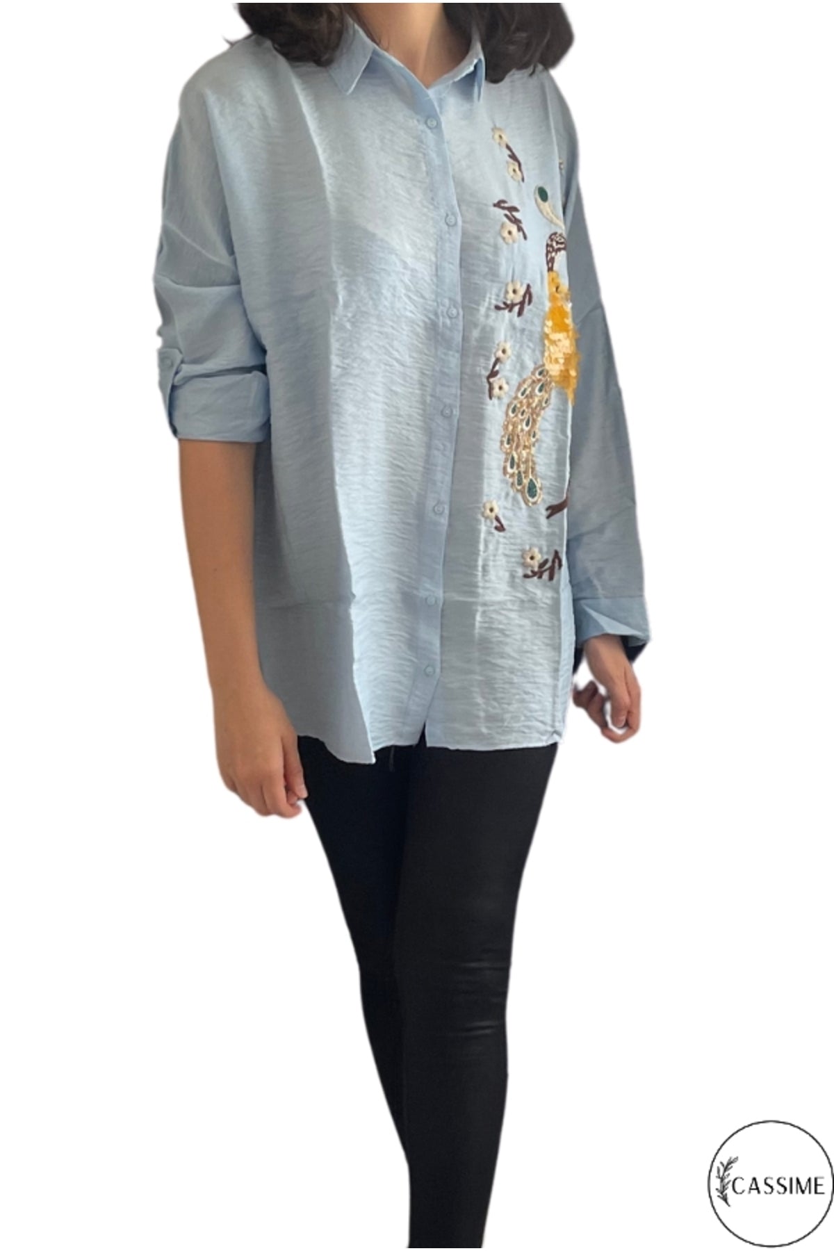 Emily Women's Peacock Sequin Oversized Shirt - Light Blue