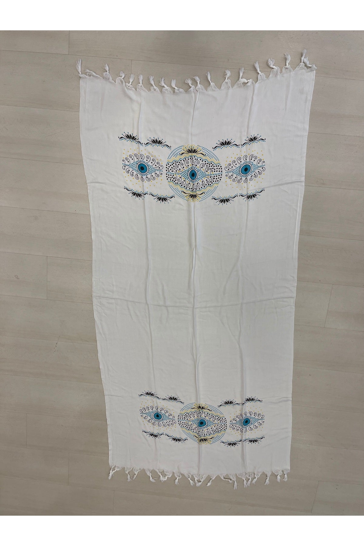 Mia Cotton Turkish Peshtemal Beach Towel - Blue and Turquoise Evil Eye Print