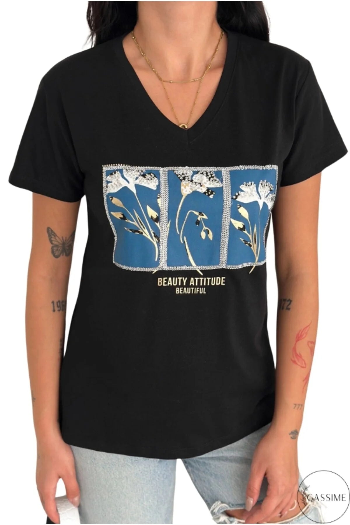 Tilda Black Blue Floral Sequin Cotton T-Shirt
