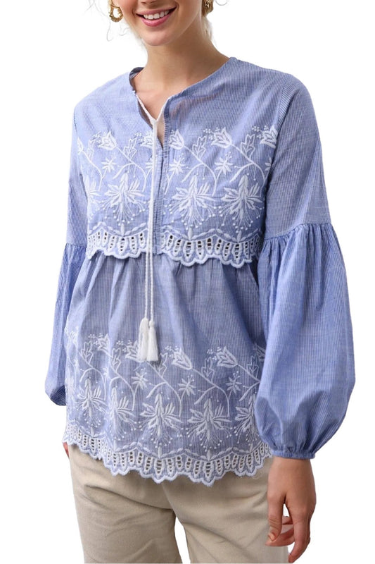 Deborah Women's Cotton Striped Embroidered Button-Up Blouse - Blue