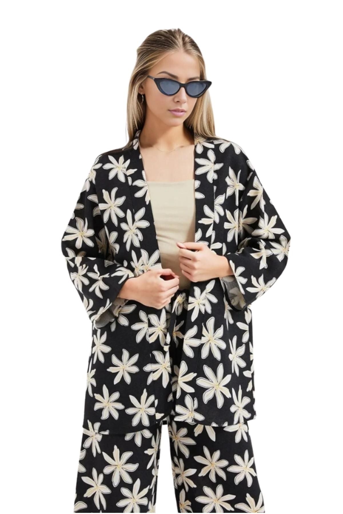 Catherine Women's Linen-Viscose Blend Relaxed Fit Kimono - Black Floral