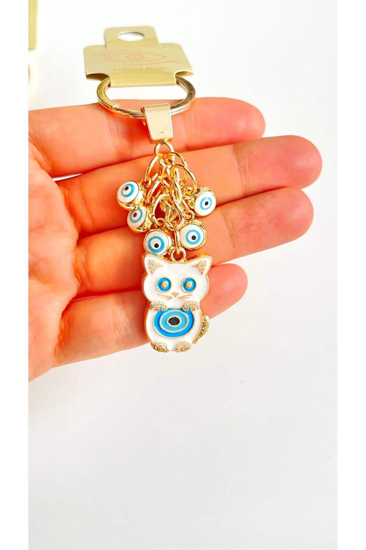 Madeleine Dangling Evil Eye Keychain - White Cat Evil Eye