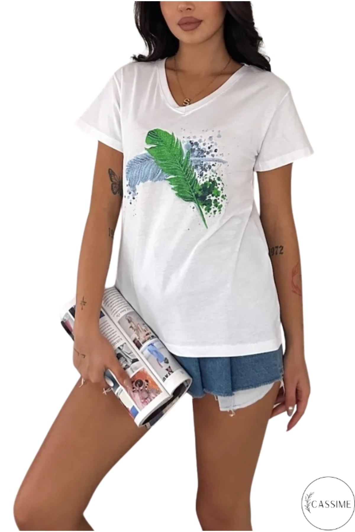 Olivia Women's Cotton Plus Size Embellished V-Neck T-Shirt - White with Blue and Green Leaf Sequins